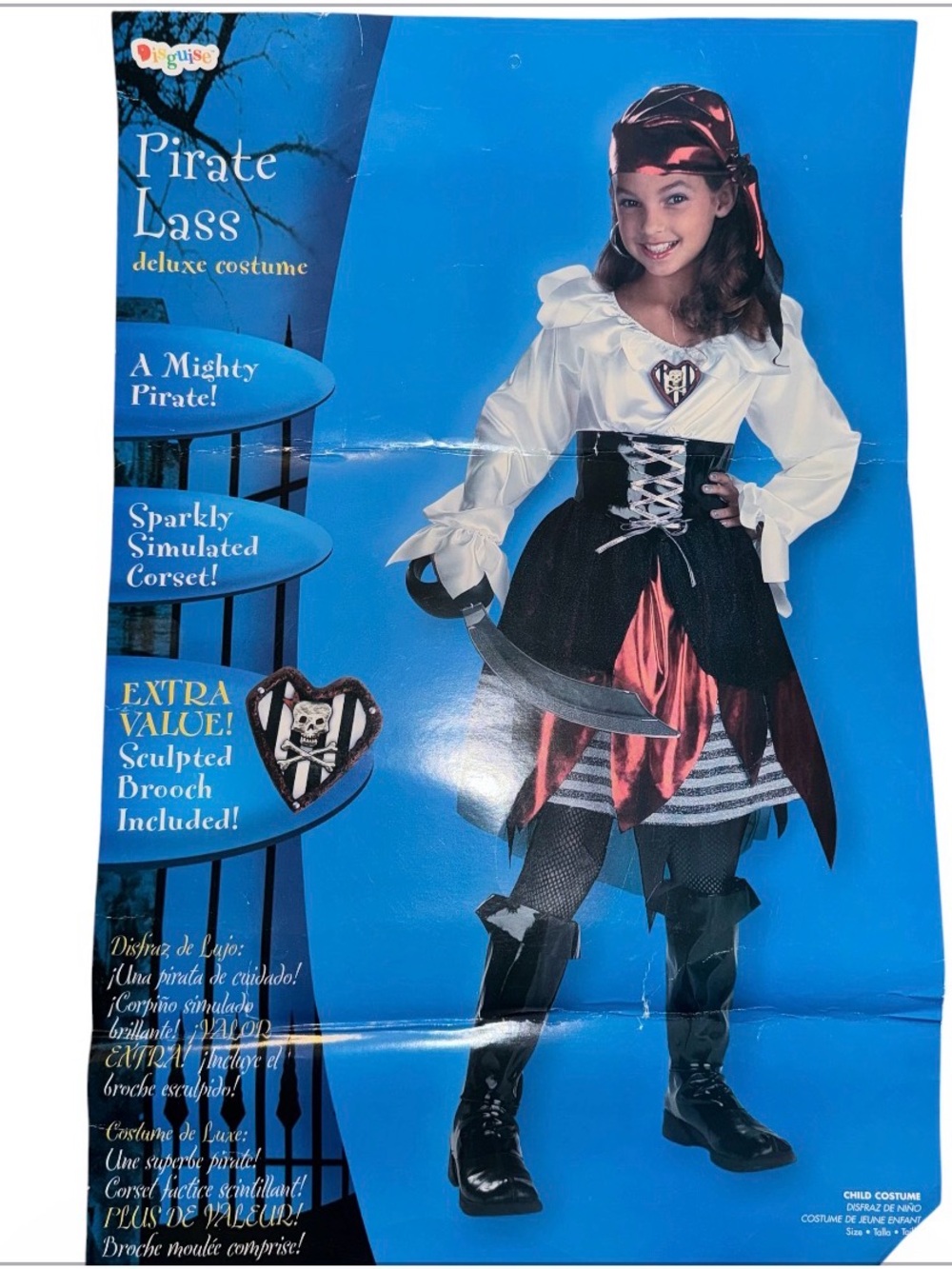 Girls Pirate Lass Costume Sz 7-8 Deluxe Dress Headband Boot Covers Skull Brooch